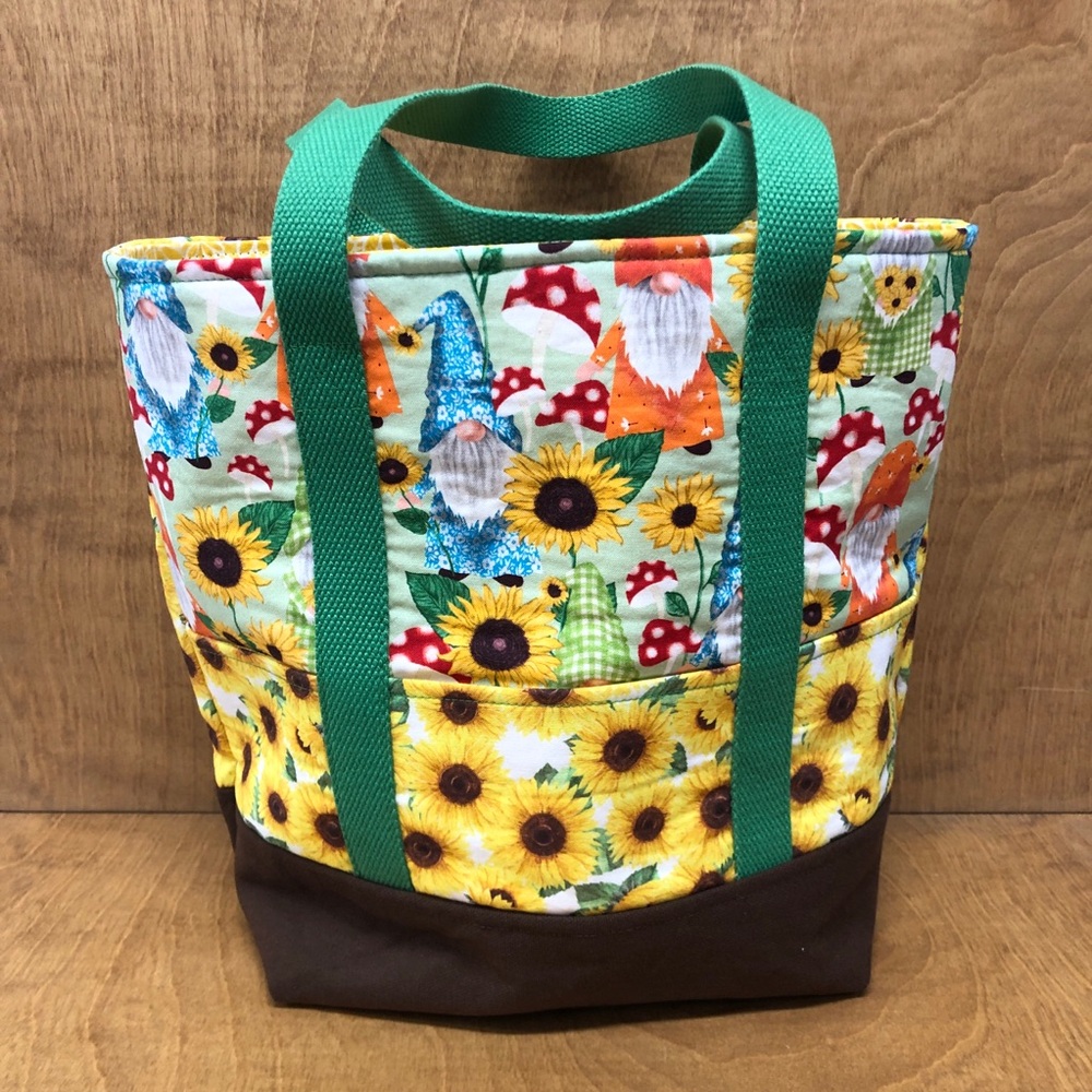 SM Garden Gnome Tote Bag Pockets Handmade Cotton Canvas Reusable Sunflower Gift